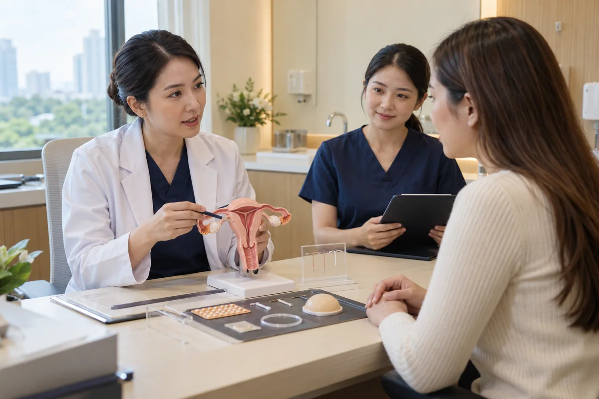 Illustrative scene of Thai clinical care for contraception and pregnancy-options care