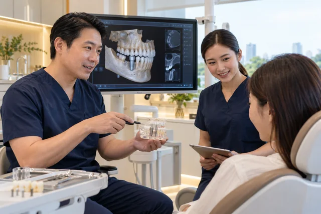 Illustrative scene of cosmetic dentistry, implants and orthodontics