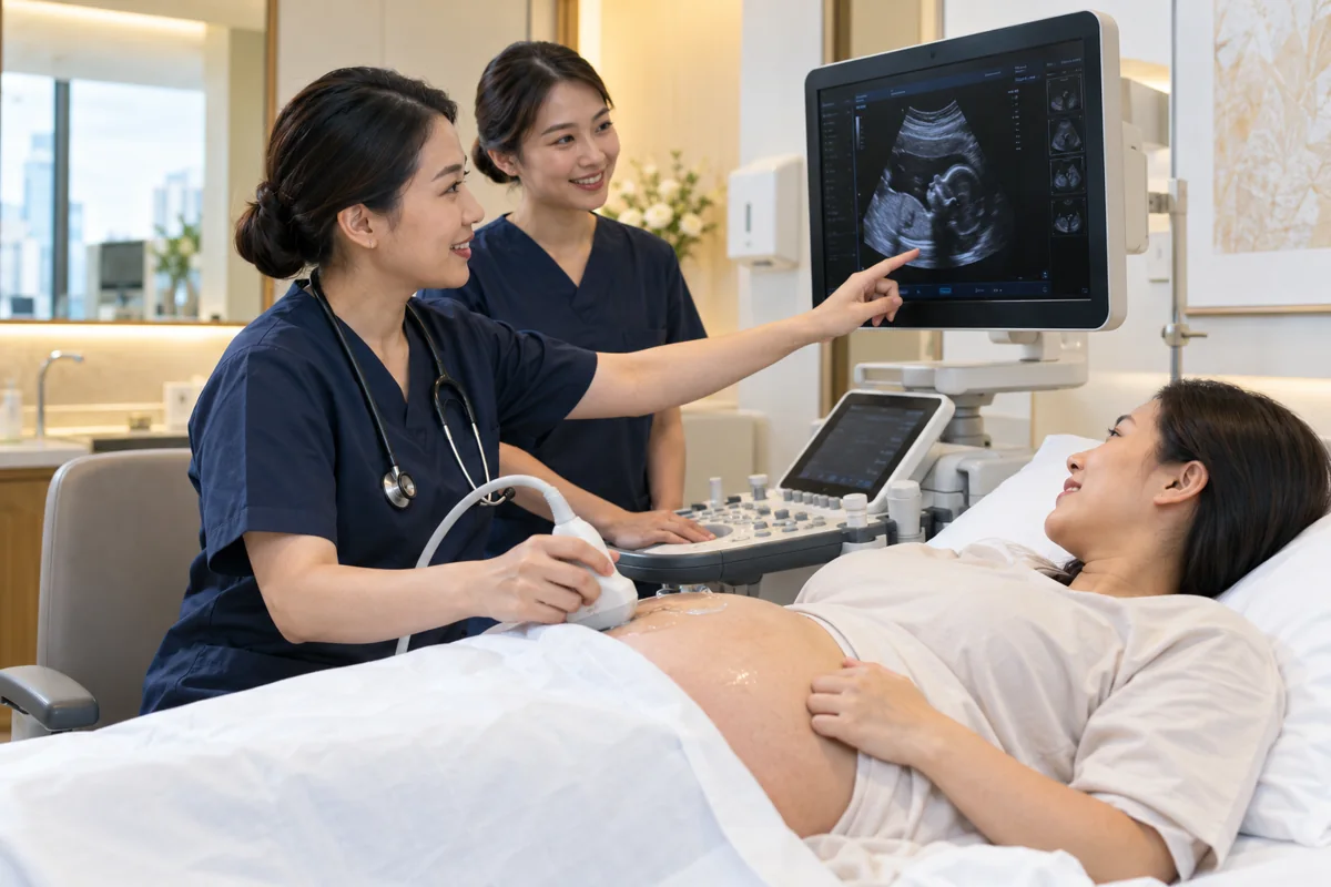 Illustrative scene of Thai clinical care for pregnancy, childbirth and newborn care